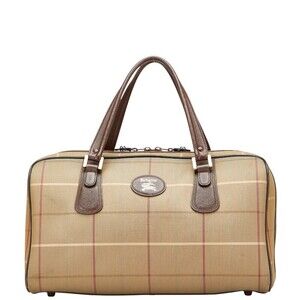 Burberry Check Boston Bag Travel Khaki Green Brown Canvas Leather